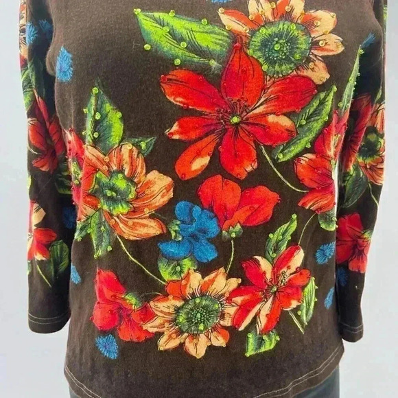Vintage Y2K Top Size M Take Two Floral Beaded 3/4 Sleeve Short Boho Whimsy - Picture 9 of 9